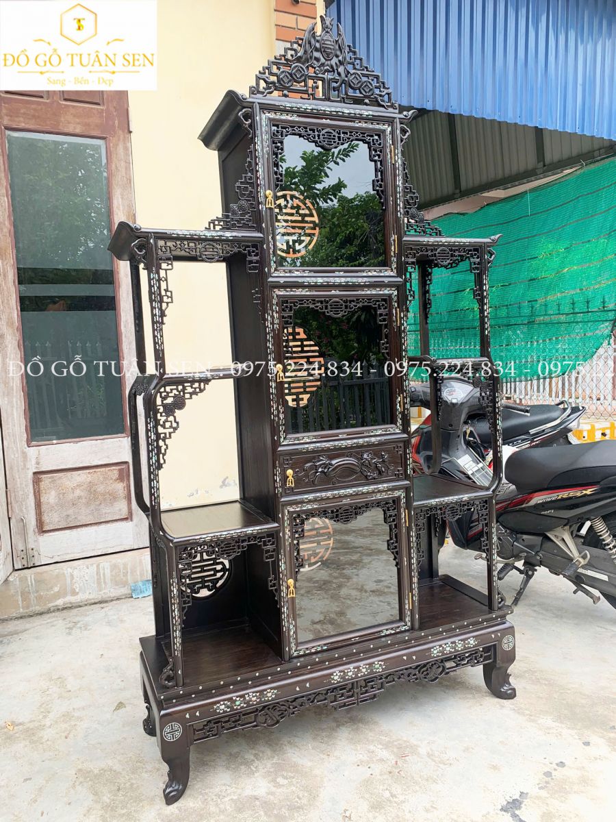 Hình ảnh chi tiết tủ bày đồ dơi thọ gỗ gụ khảm ốc